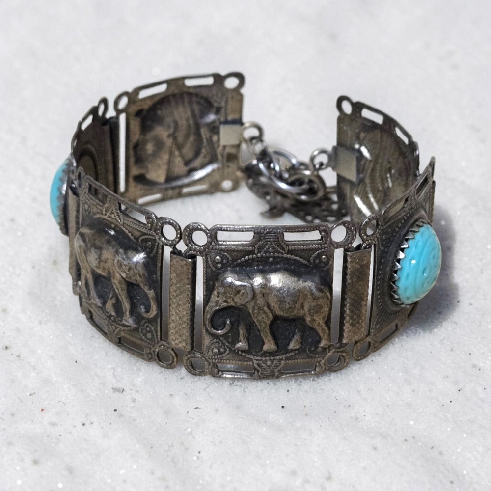 Pharaoh Elephant Eqyptian Revival Blue Stone Panel Bracelet Hand Charm 7-9"
